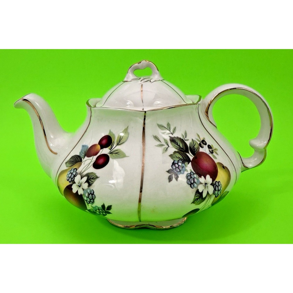 Vintage Ellgreave Fruit Teapot Wood & Sons England Scalloped Ironstone Gold Trim
